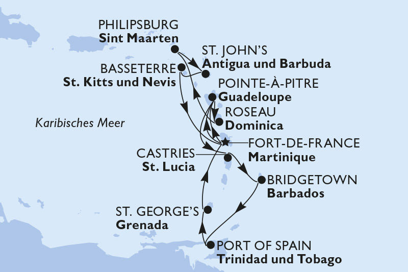 Routenkarte Kreuzfahrt Karibik und Antillen