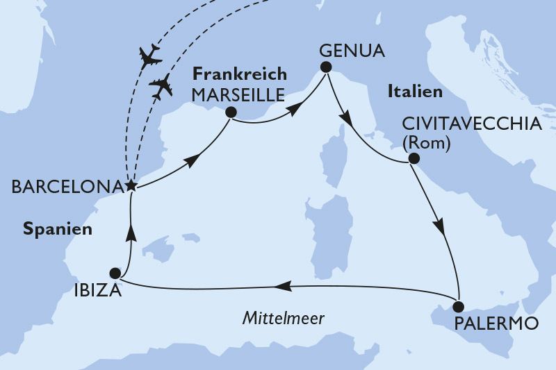 Routenkarte Mittelmeerkreuzfahrt
